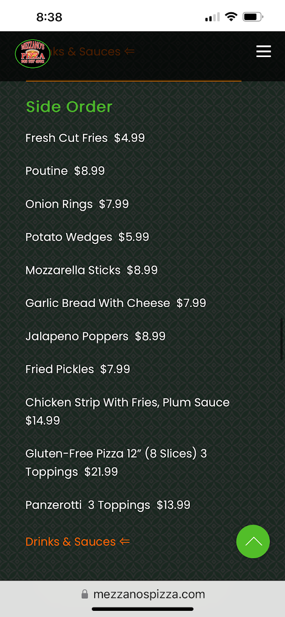 Menu, MEZZANOS PIZZA&WINGS-LAKE STREET