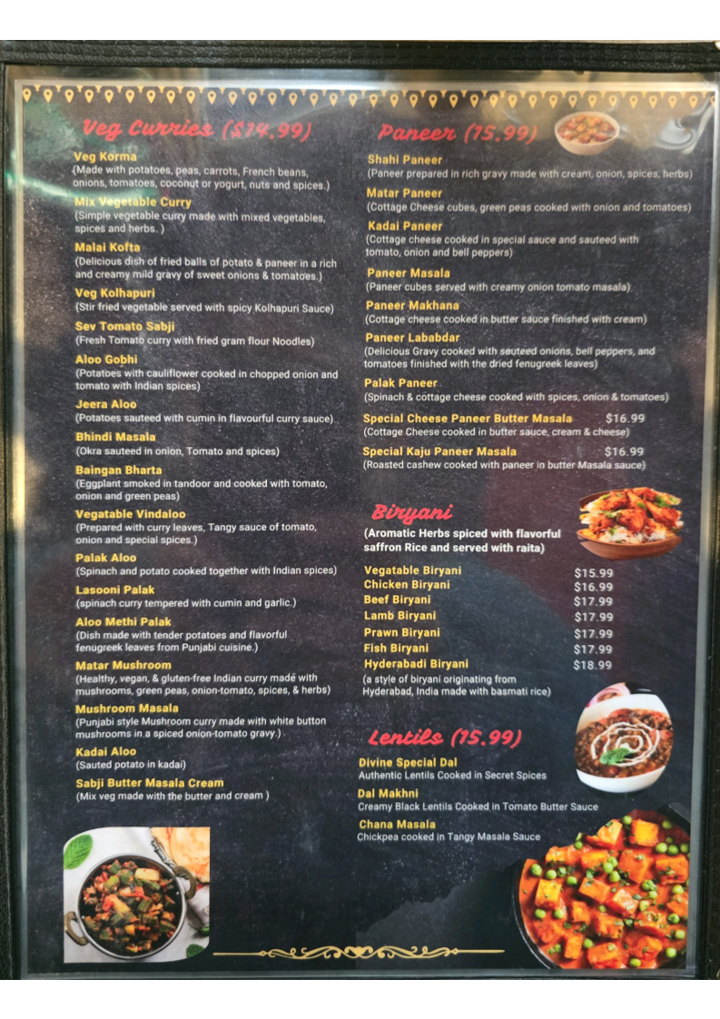 Menu, DIVINE - The Indian Cuisine