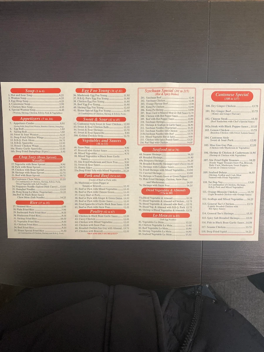 Menu, Bronte Chinese Food