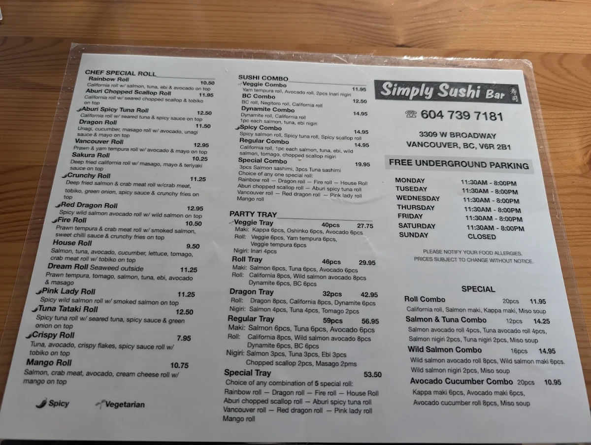 Menu, Simply Sushi Bar