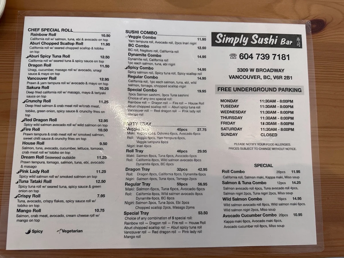 Menu, Simply Sushi Bar