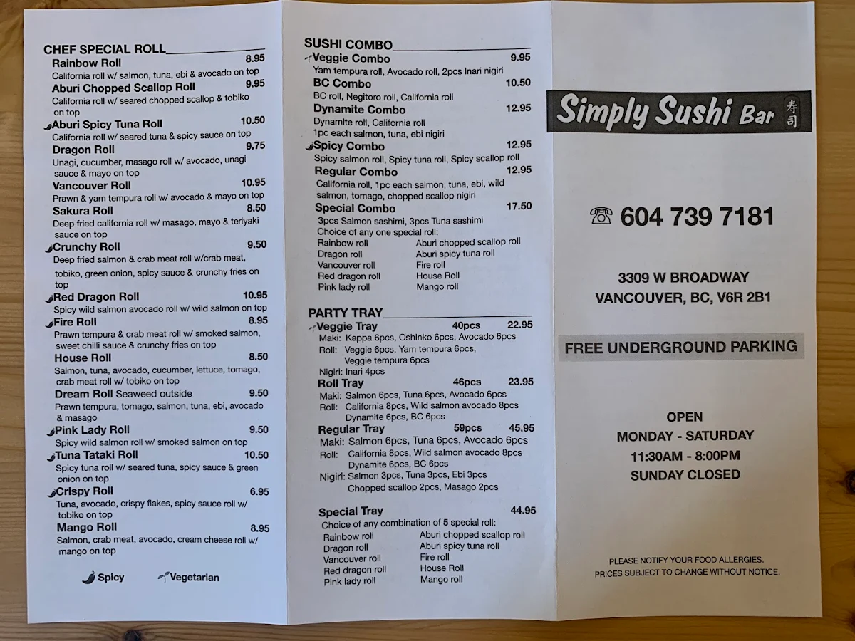 Menu, Simply Sushi Bar