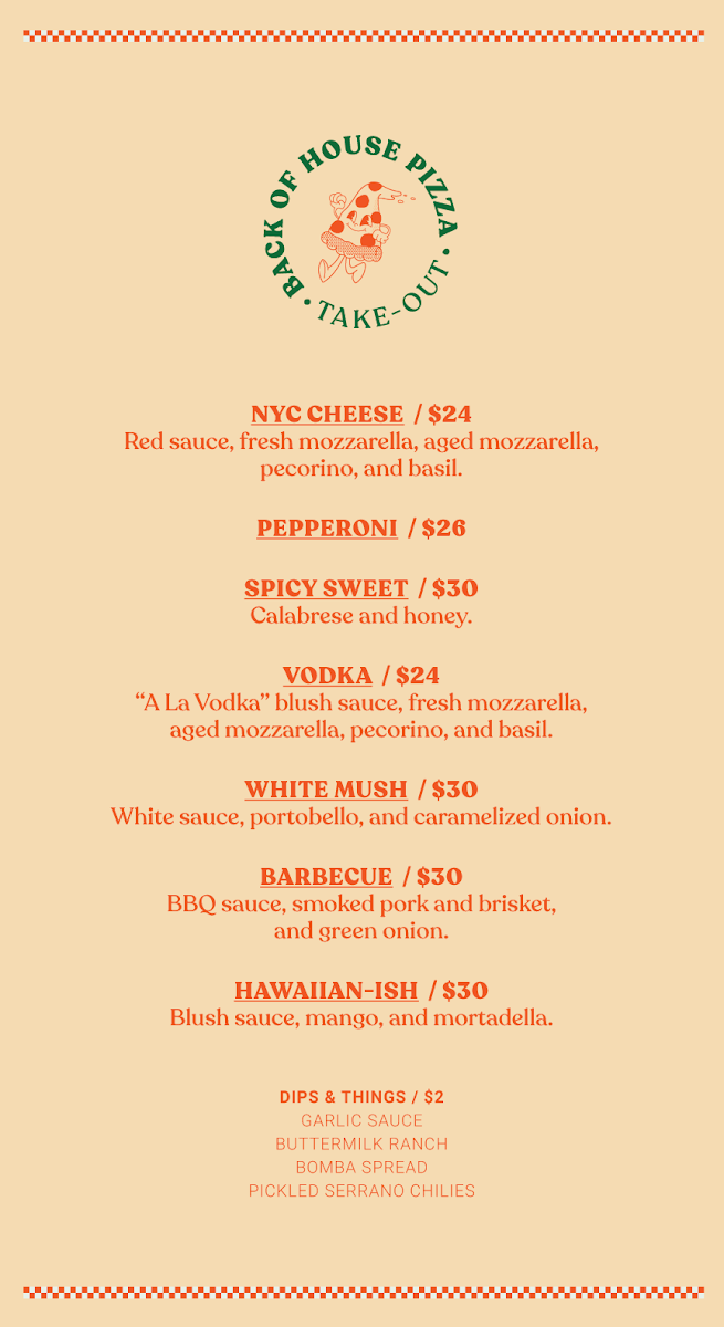 Menu, Back of House Pizza