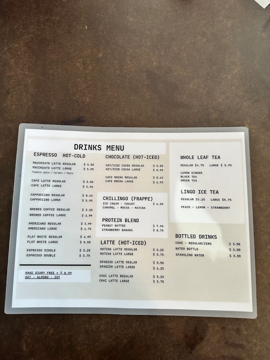 Menu, Flamingo Cafe