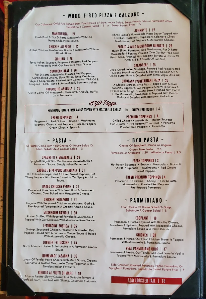 Menu, Johnny Rocco's Italian Grill