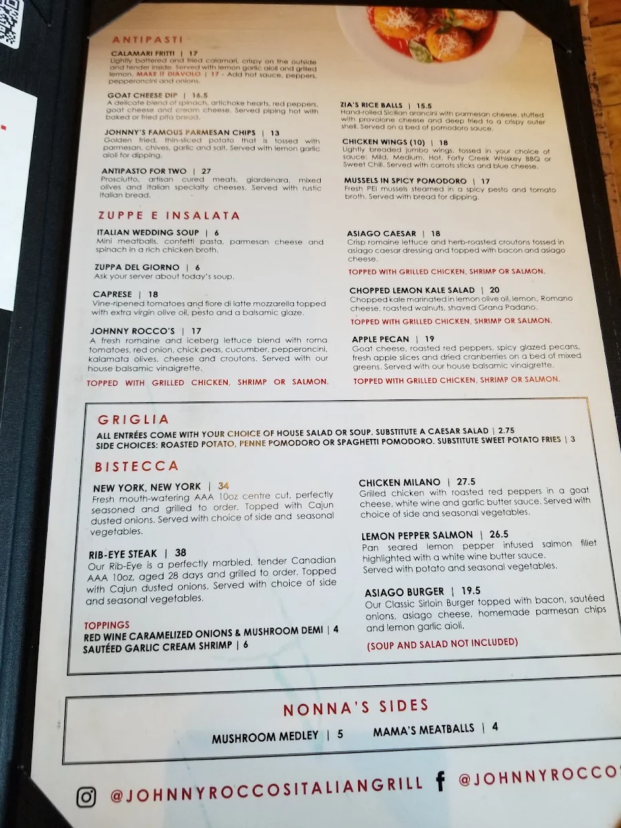Menu, Johnny Rocco's Italian Grill