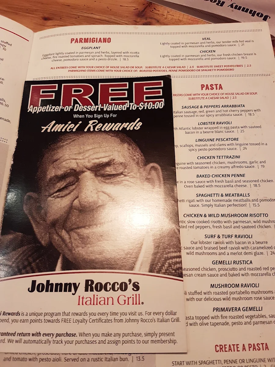 Menu, Johnny Rocco's Italian Grill
