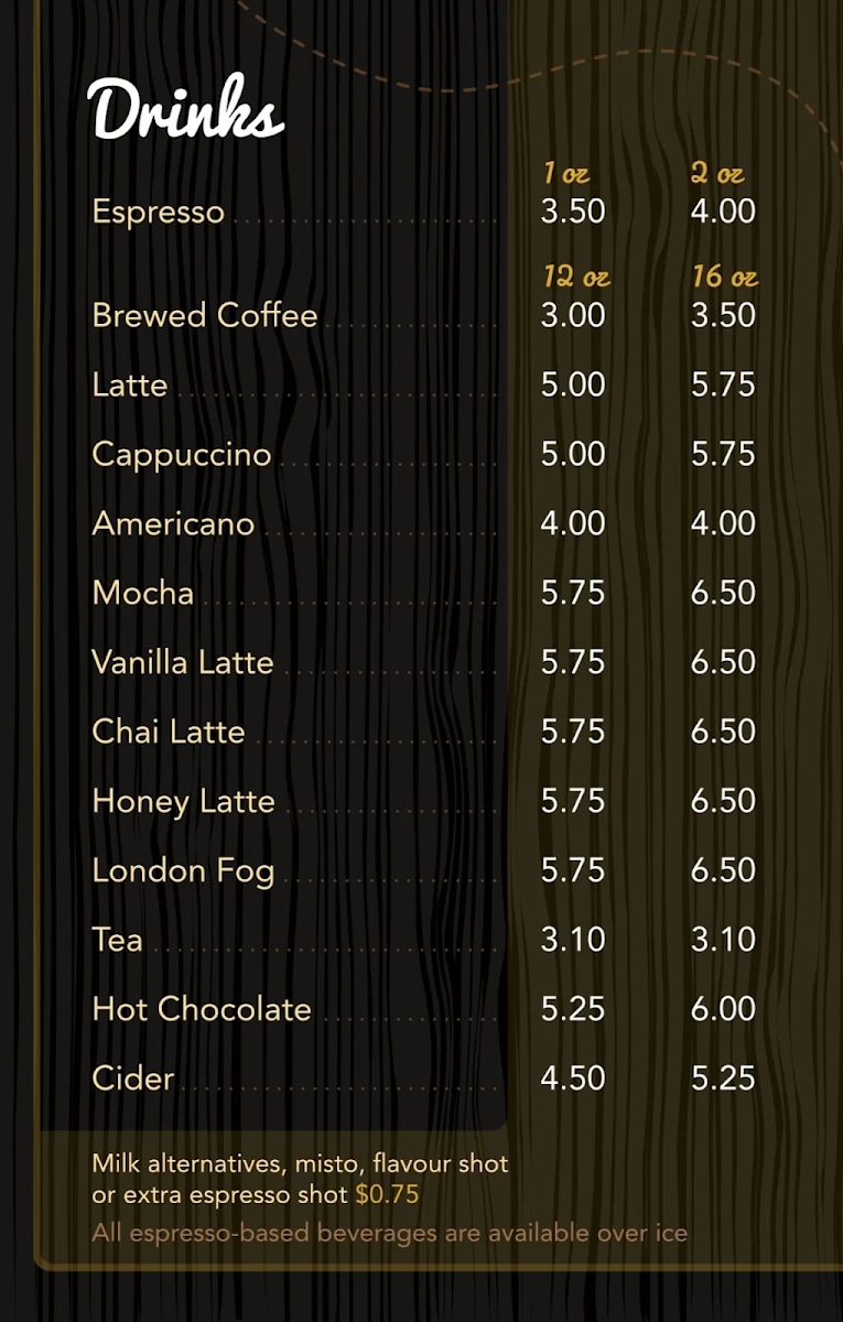 Menu, Honey Bun Café