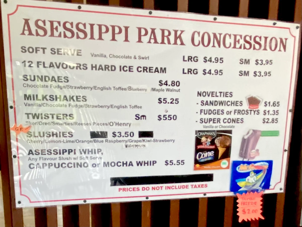 Menu, Asessippi Park Concession
