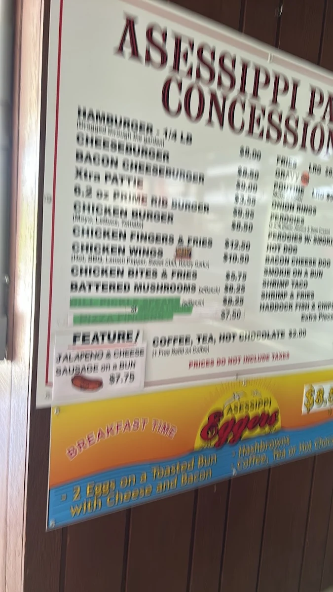 Menu, Asessippi Park Concession