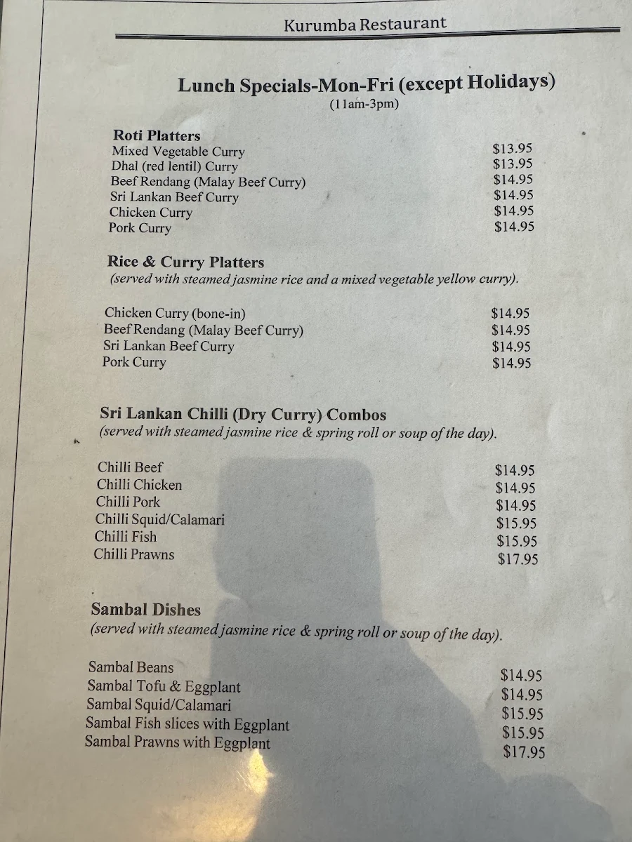 Menu, Kurumba Restaurant