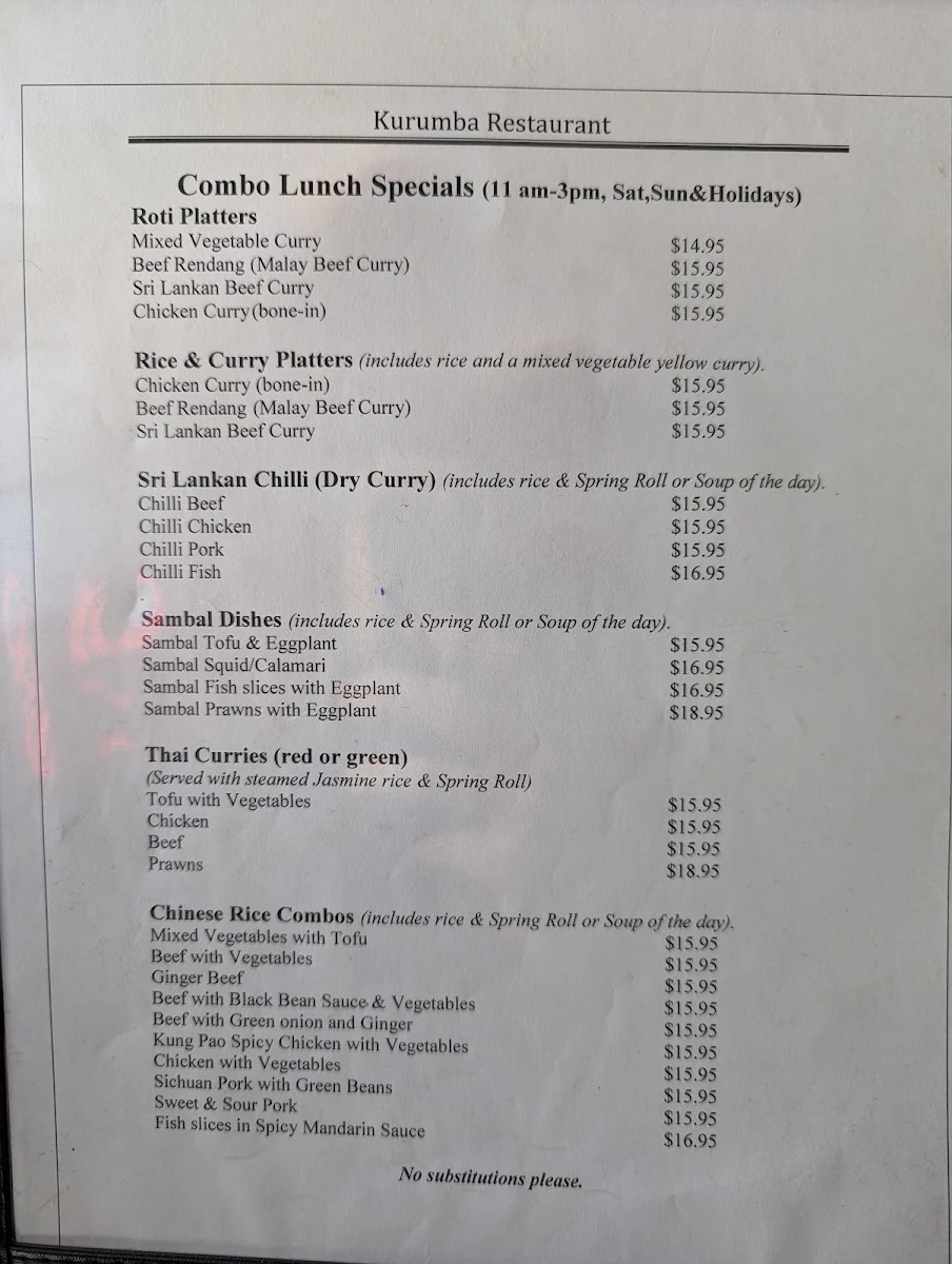 Menu, Kurumba Restaurant