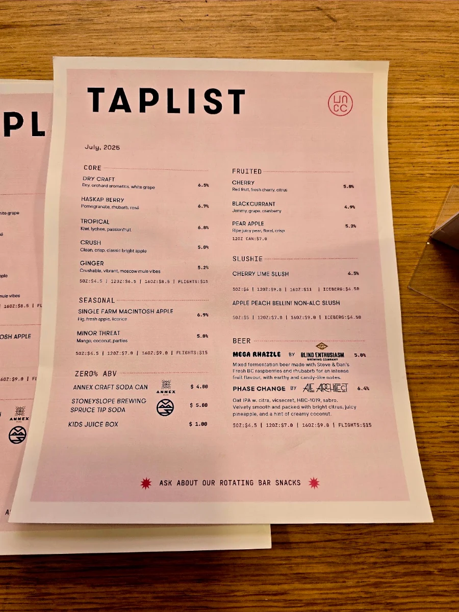 Menu, Uncommon Cider Co.
