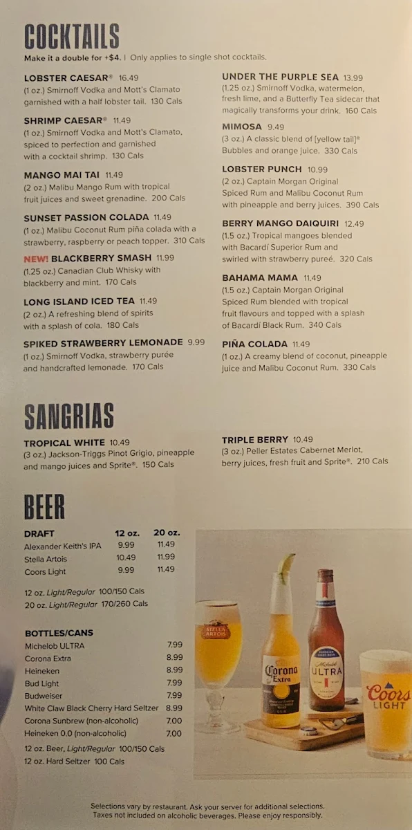 Menu, Red Lobster