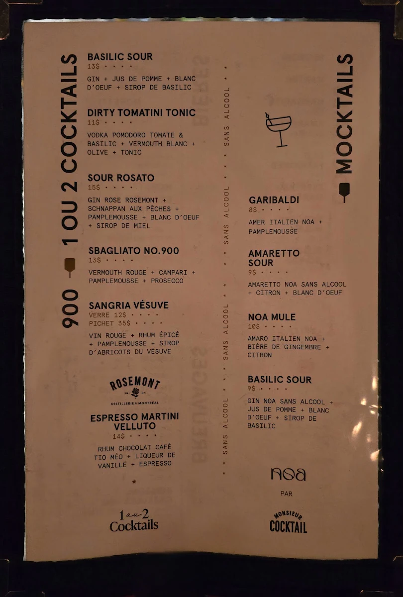 Menu, Pizzéria NO.900 - Magog