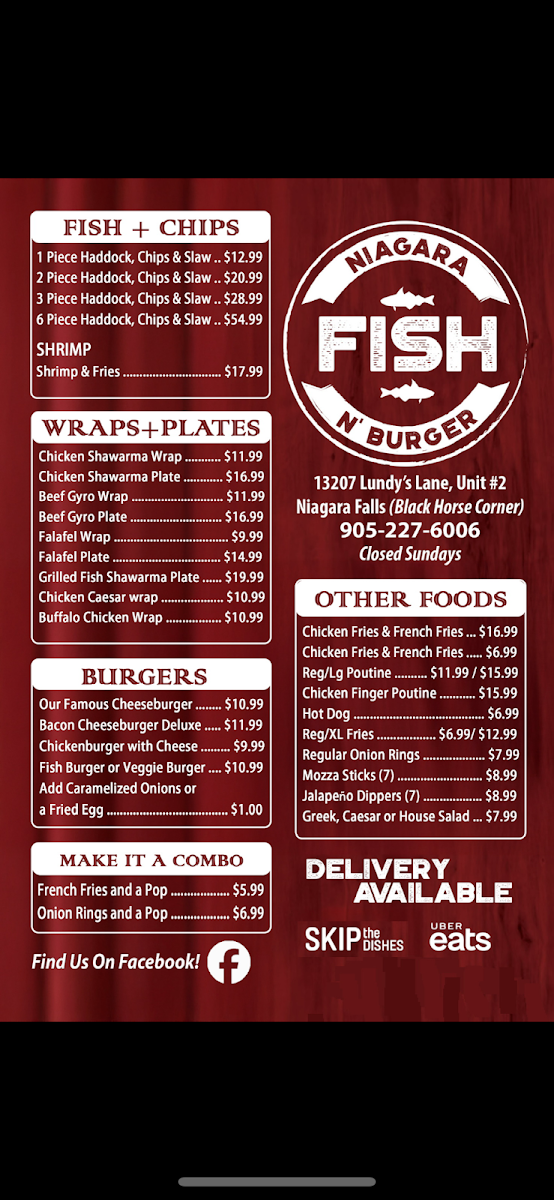 Menu, Niagara Fish N' Burger