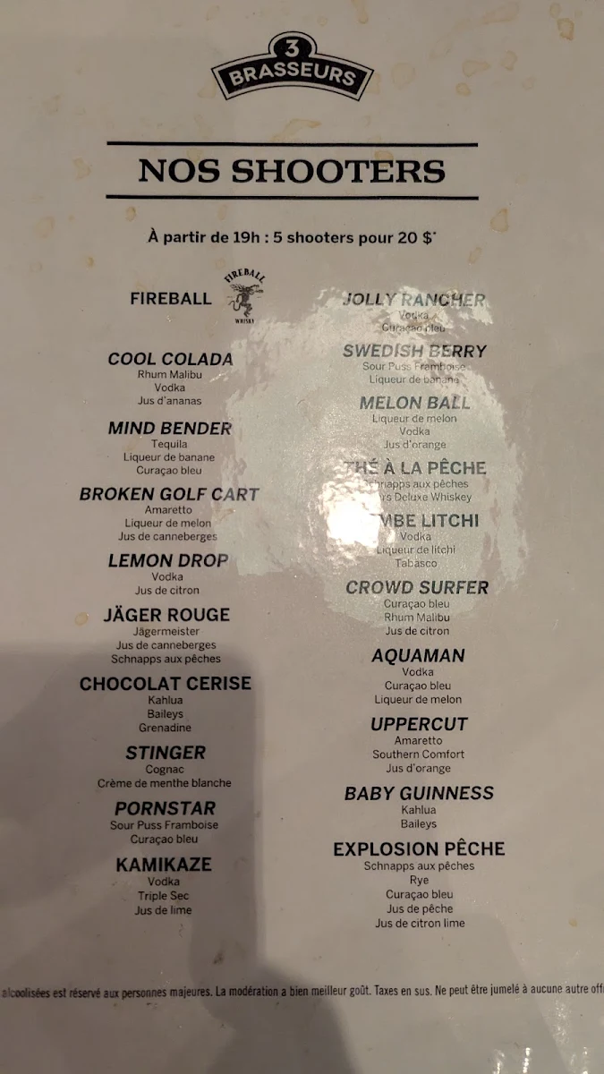 Menu, 3 Brasseurs - Centropolis Laval