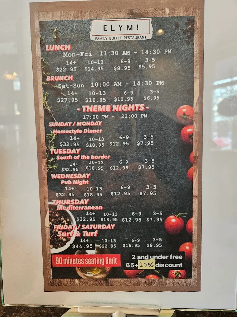 Menu, ELYMI Family Buffet Restaurant