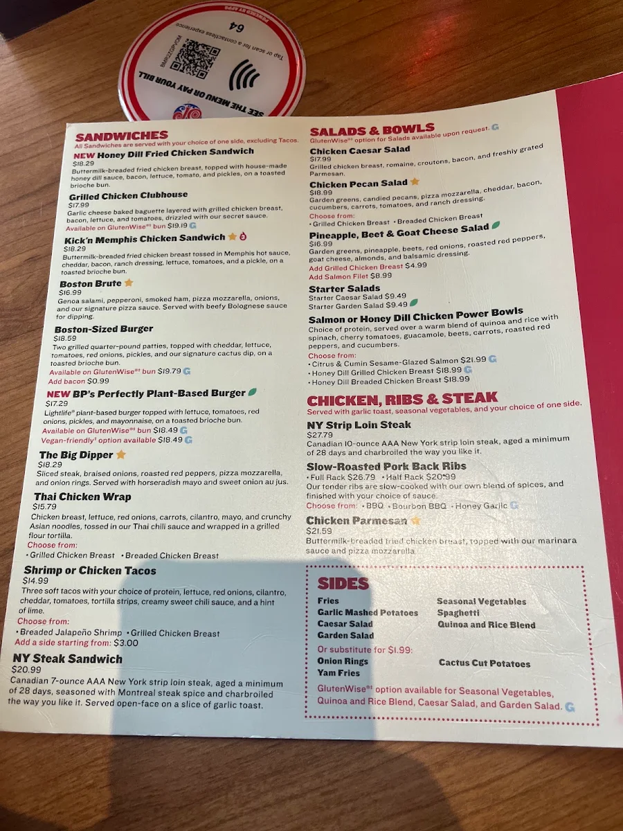 Menu, Boston Pizza