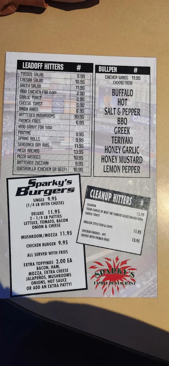Menu, Sparky's Family Restaurant