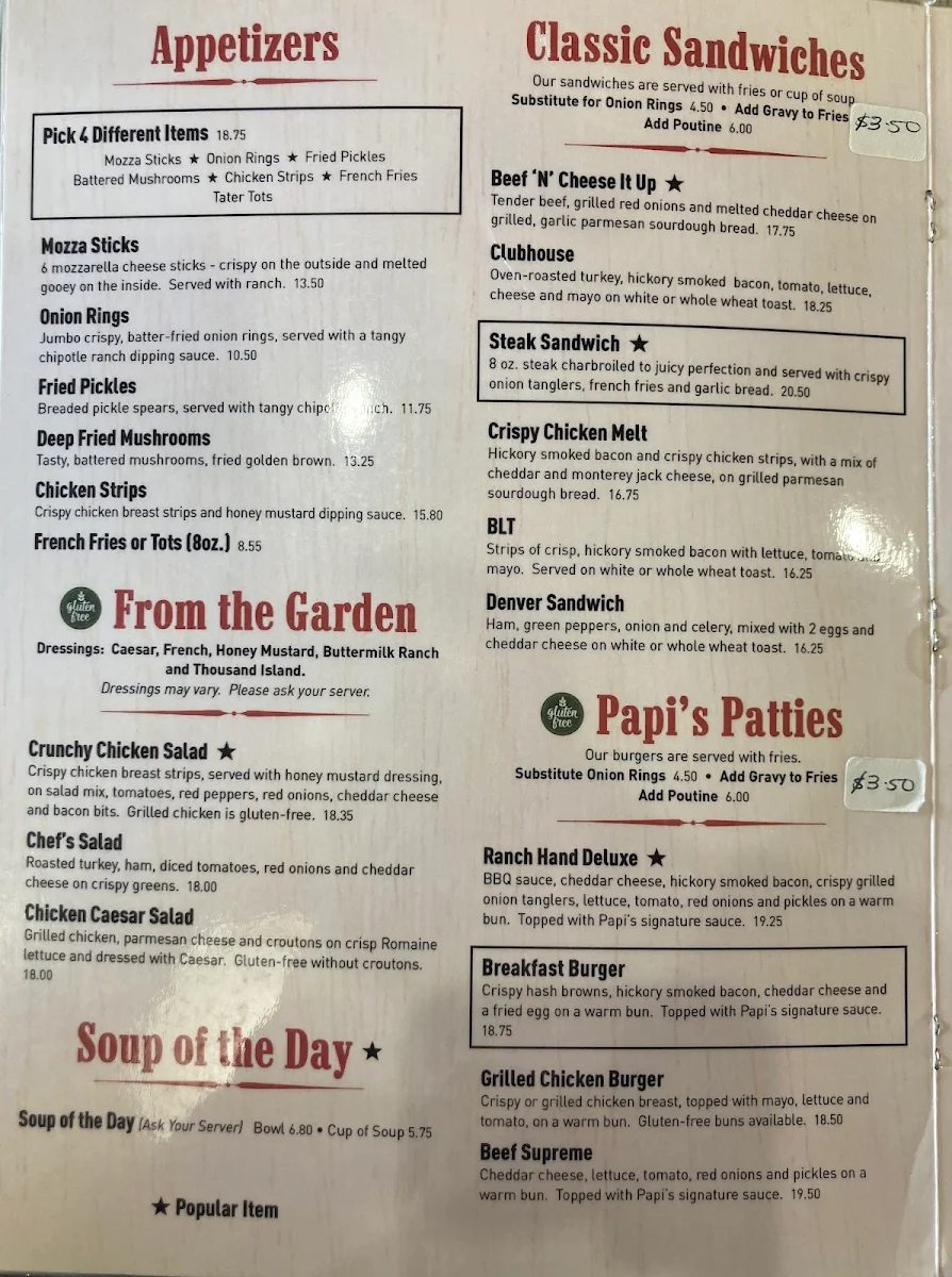 Menu, Papi's Country Kitchen