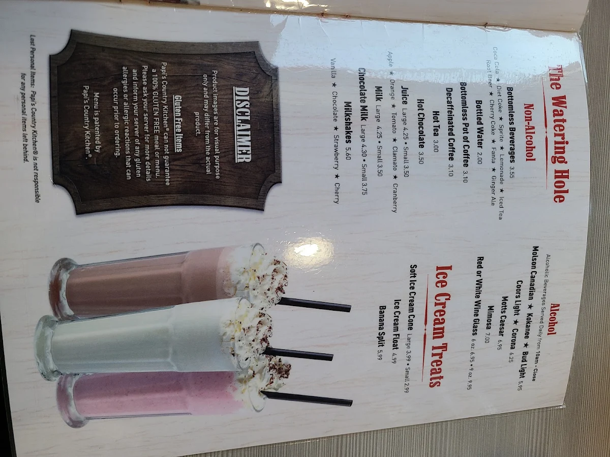 Menu, Papi's Country Kitchen
