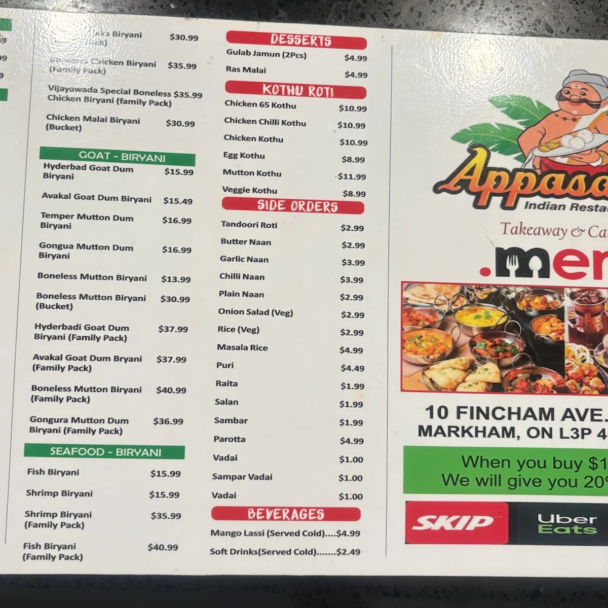 Menu, Appasamy Indian Restaurant