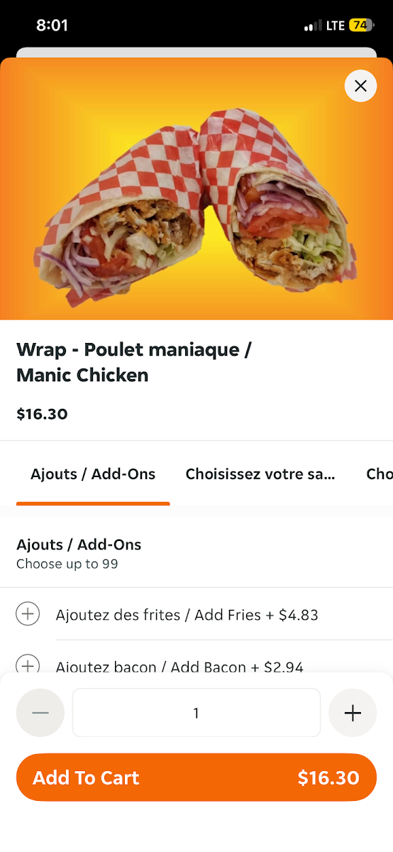 Menu, Poulet Frit Maniaque