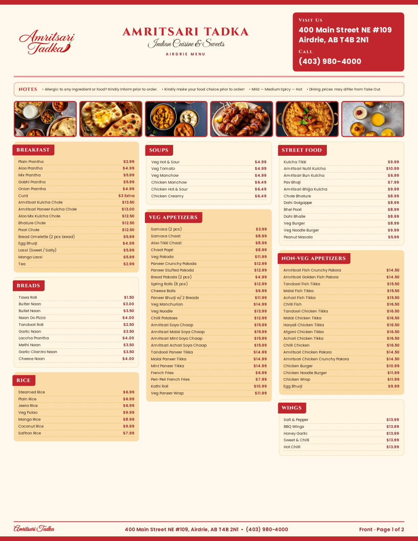 Menu, Amritsari Tadka Airdrie