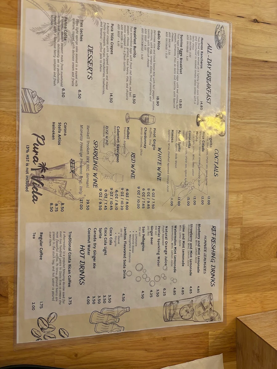 Menu, Pura Vida Restaurant & Cocktail Bar