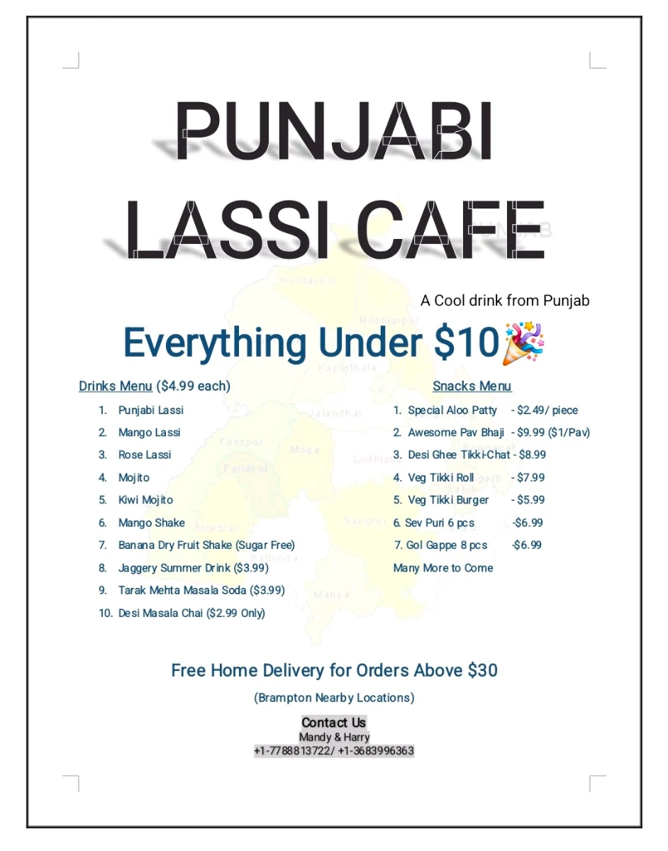 Menu, Punjabi Lassi Cafe