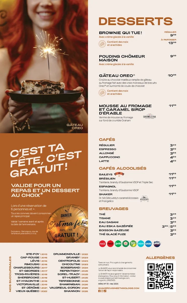 Menu, SHAKER Cuisine & Mixologie Repentigny