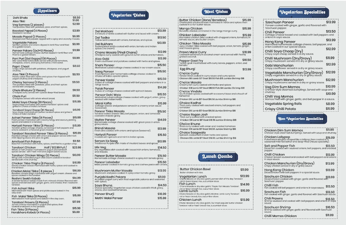 Menu, Choice of India