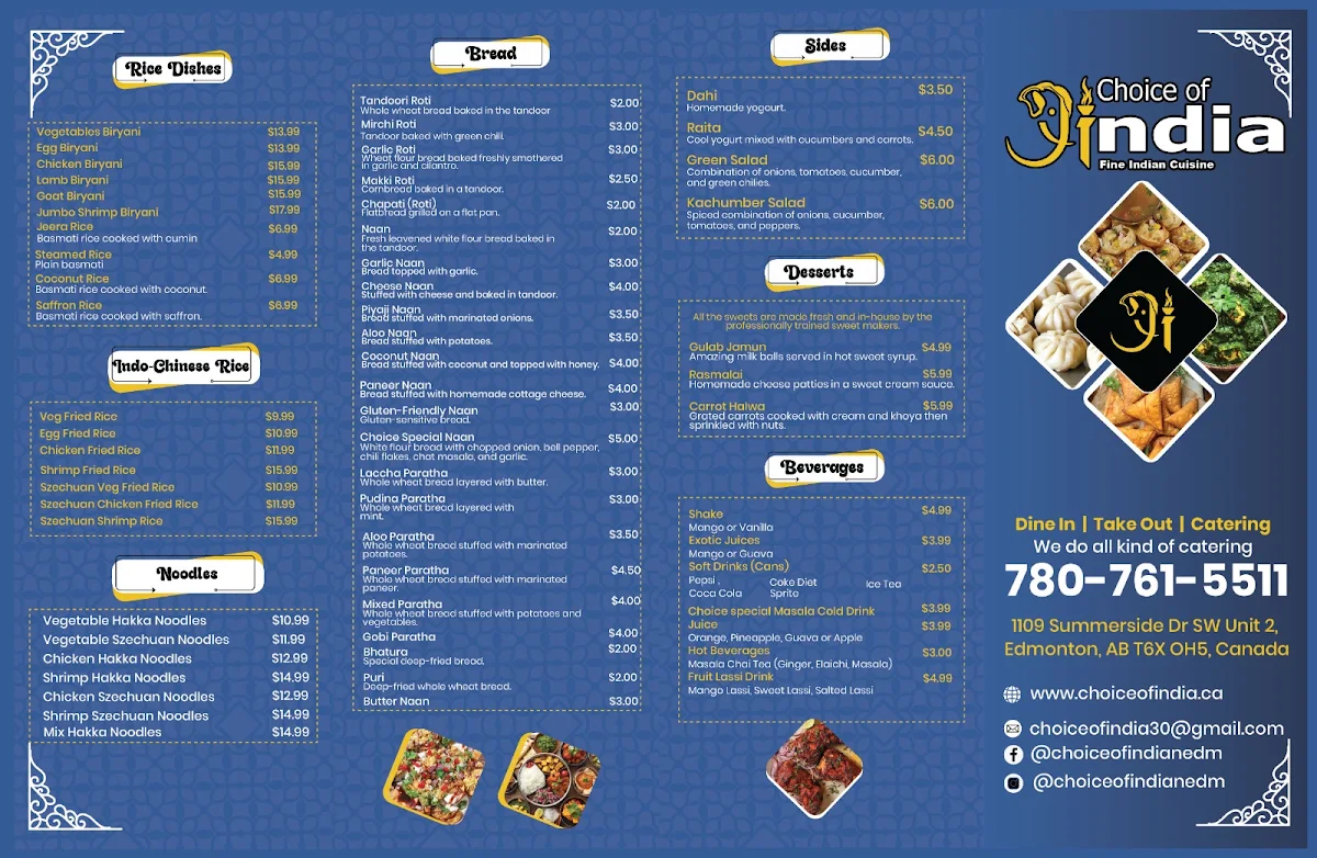 Menu, Choice of India