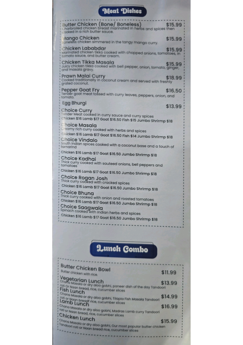 Menu, Choice of India