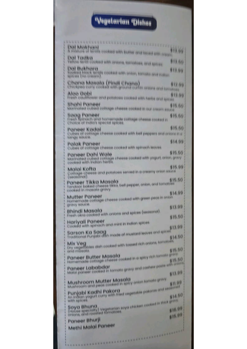 Menu, Choice of India