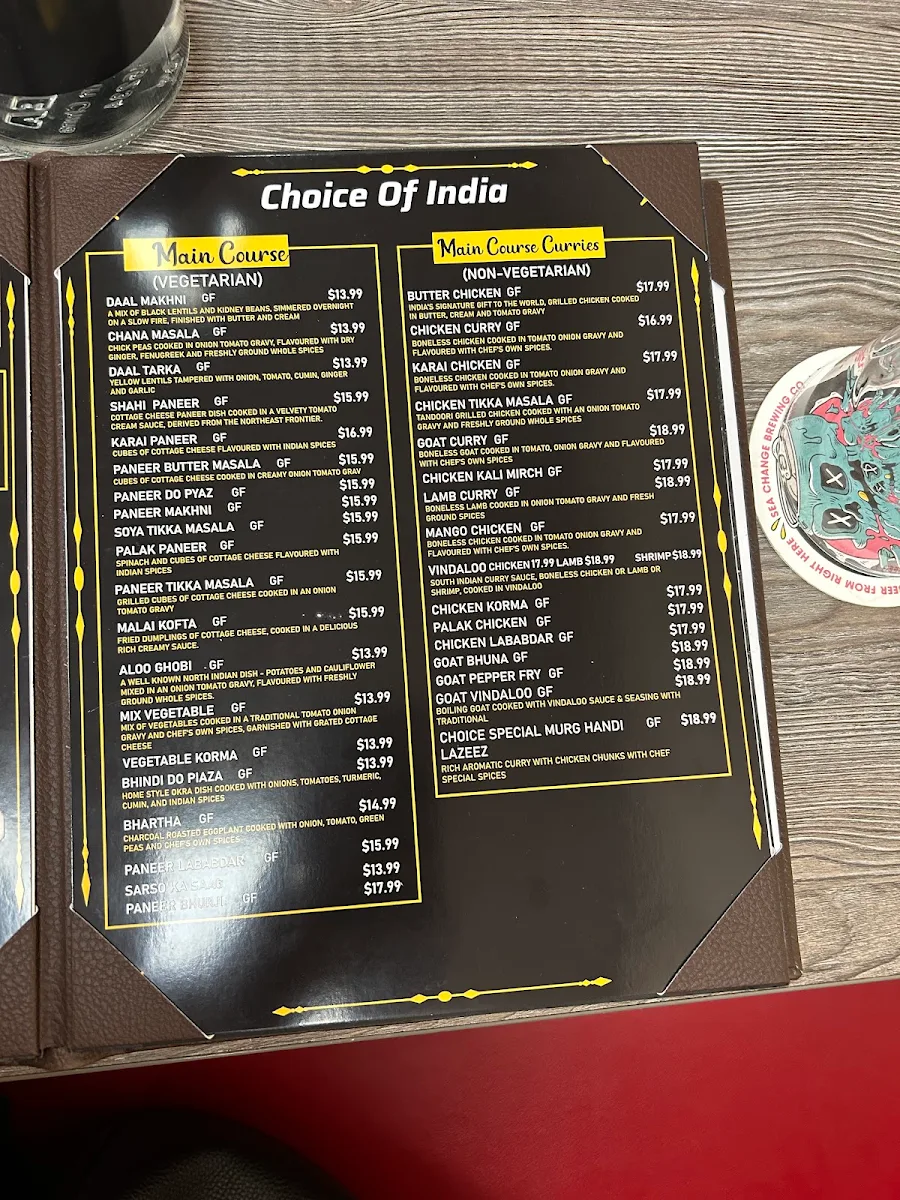 Menu, Choice of India