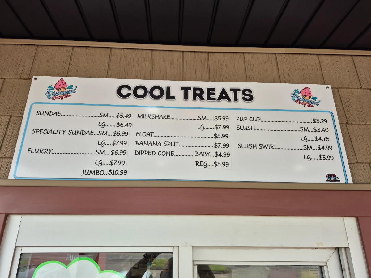 Menu, Richmond Dairy Bar