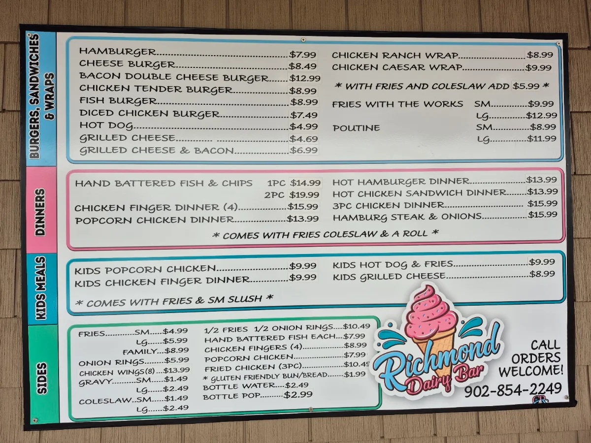 Menu, Richmond Dairy Bar