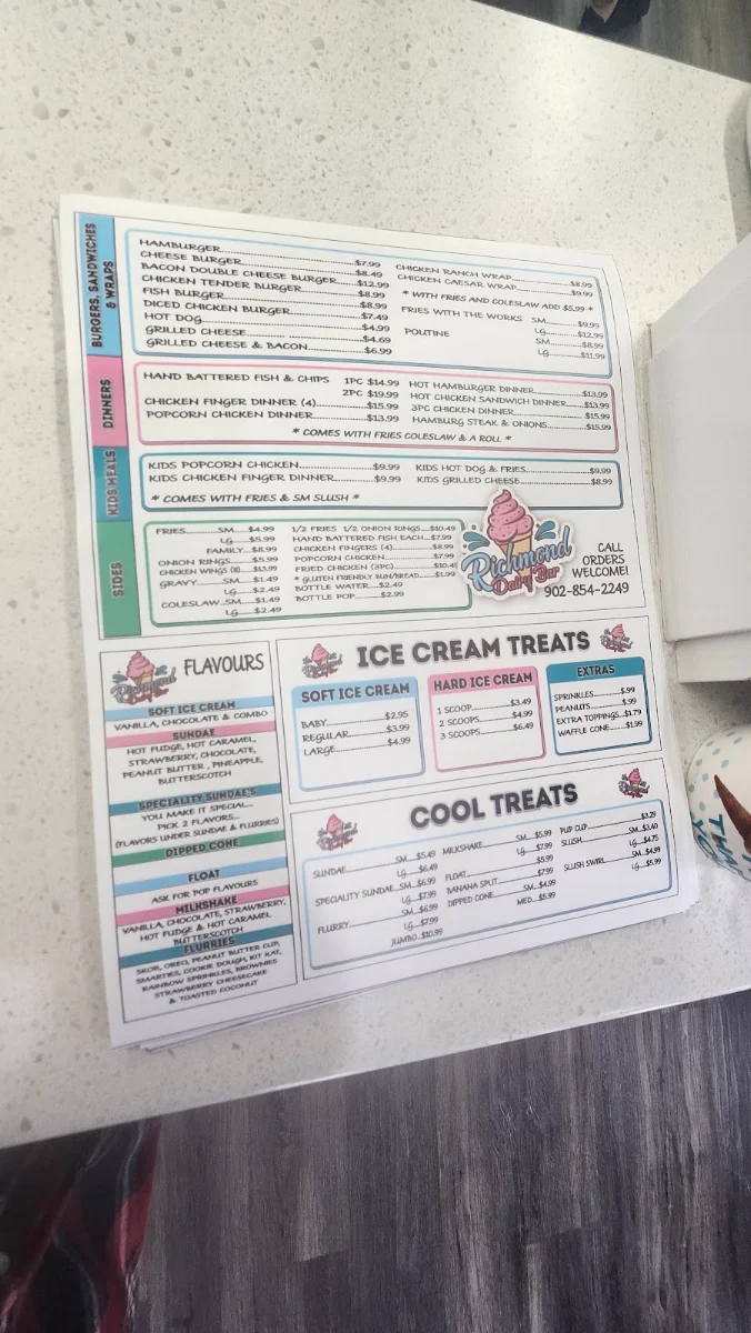 Menu, Richmond Dairy Bar