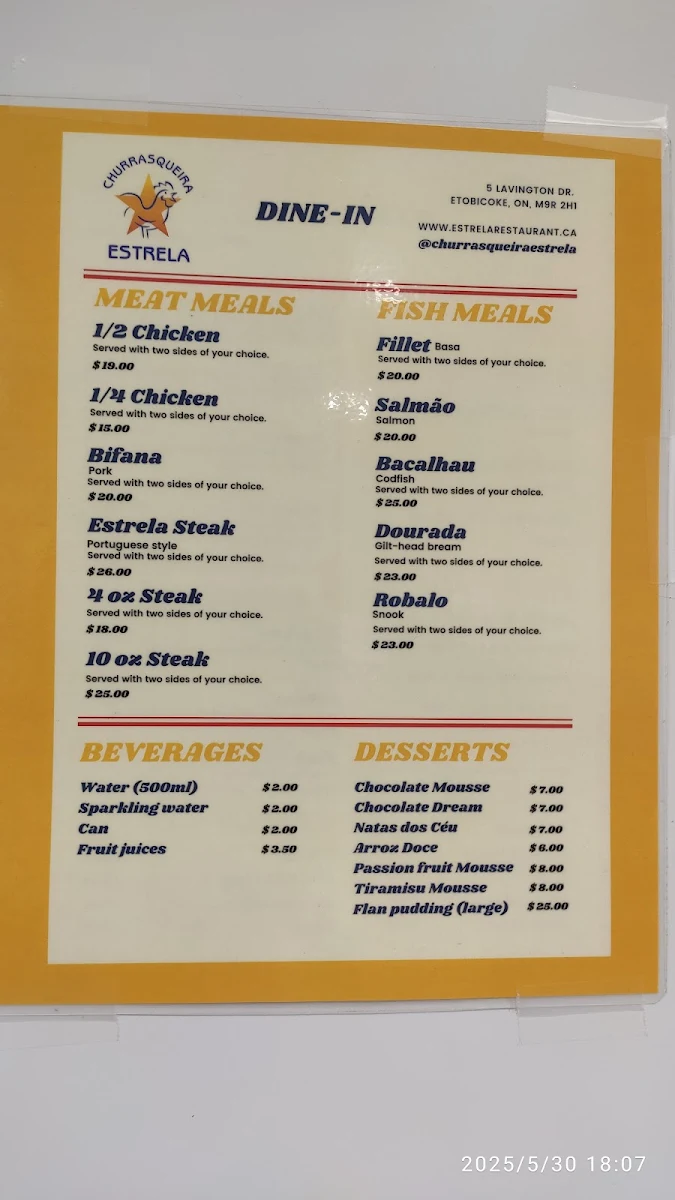 Menu, Estrela Restaurant