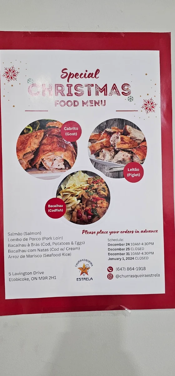 Menu, Estrela Restaurant