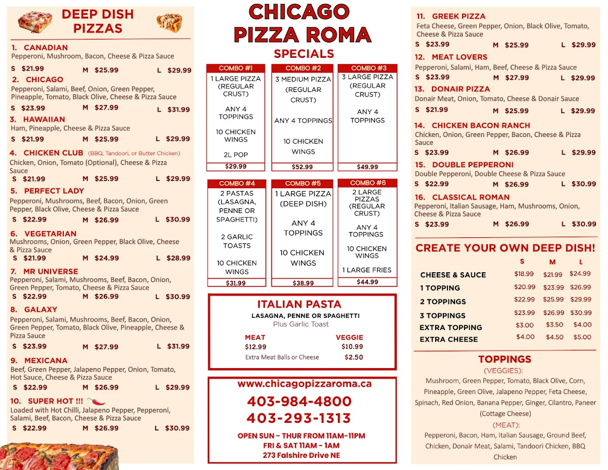 Menu, Chicago Pizza - Deep Dish - Northeast Calgary