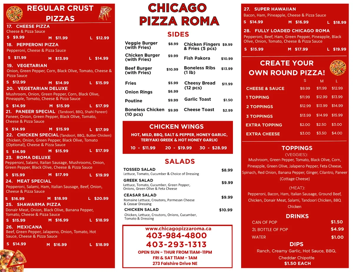 Menu, Chicago Pizza - Deep Dish - Northeast Calgary