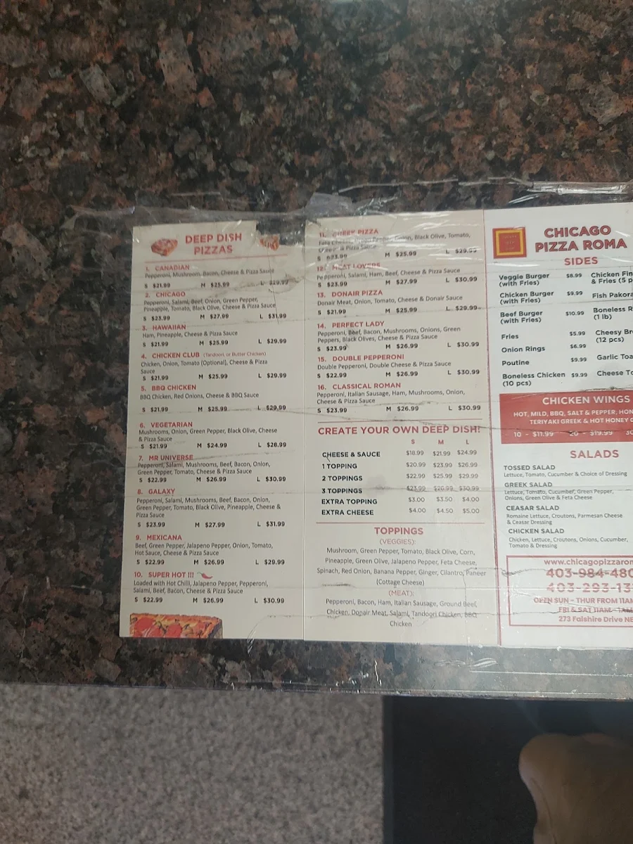 Menu, Chicago Pizza - Deep Dish - Northeast Calgary