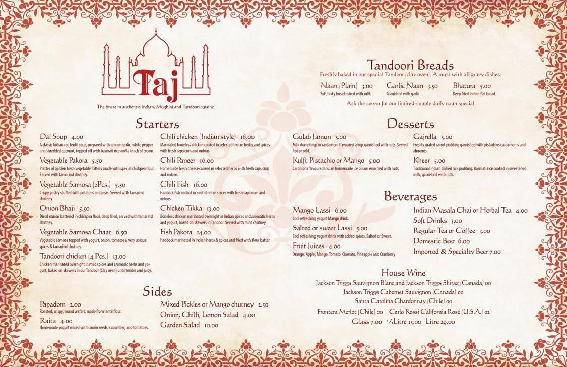 Menu, Taj Mahal