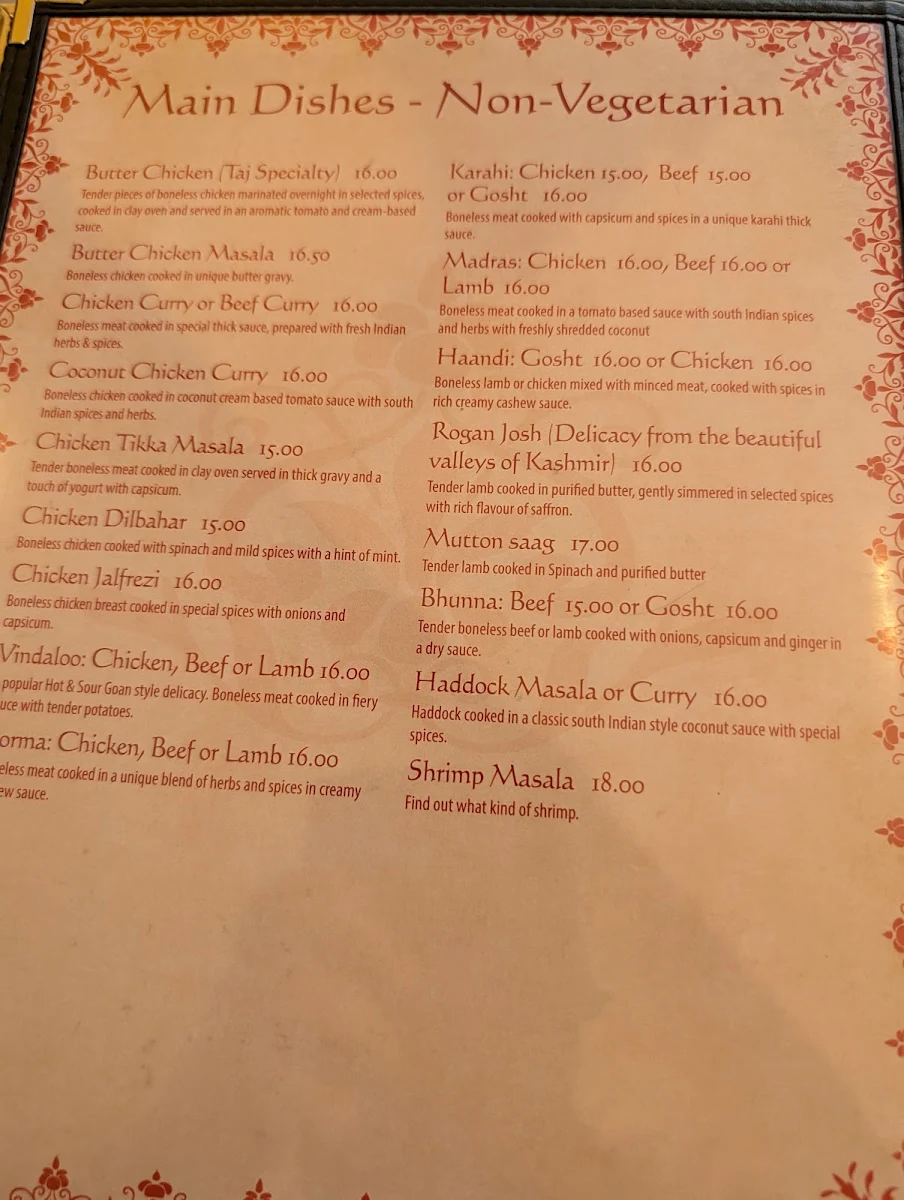 Menu, Taj Mahal