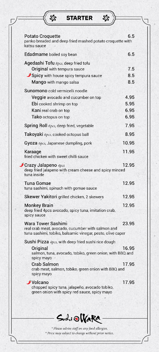 Menu, Sushi Wara
