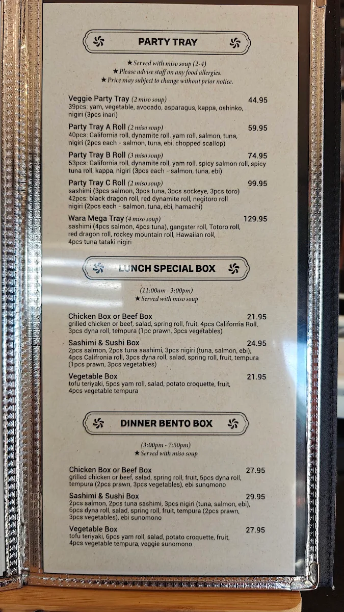 Menu, Sushi Wara