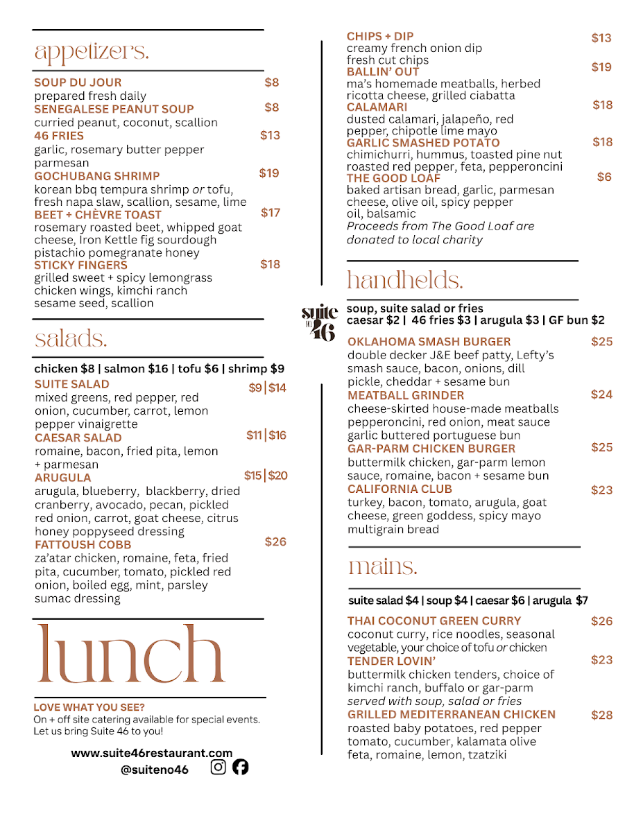 Menu, Suite 46 Restaurant